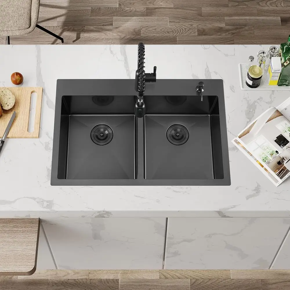 33 Inch Black Drop in Double Bowls Kitchen Sink | 33x22 Inch, Nano Black, Handmade, Stainless Steel, Double Drop in Kitchen Sink