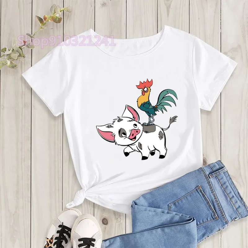 Kawaii śmieszna koszulka Moana damska Harajuku Streetwear śliczna księżniczka Tshirt z grafiką T-shirt z motywem zwierzęcym kreskówka koszulki