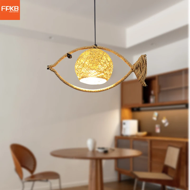 

Wind explosion pastoral fish-shaped hemp rope chandelier willow weaving Chinese restaurant restaurant decoration warm light lamp