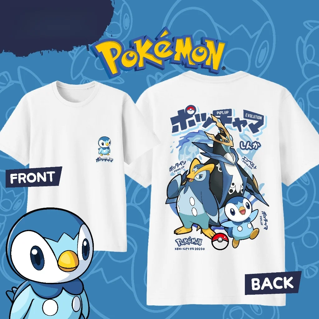 

Anime Pokémon Piplup Evolution Printed Cotton T-shirt Summer Men's and Women's Harajuku Clothing Fashion Casual Street T-shirt