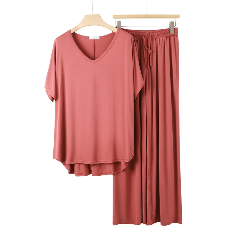 Women's Summer Modal Color-Blocked Pajama Set, Korean Style Casual Short Sleeve Wide-Leg Loungewear Pants Can Be Worn Outside - Image 5