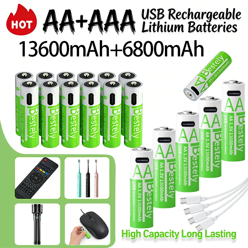 

Rscrola 1.5V Li-ion Rechargeable AA Batteries 13600mAh High Capacity Long Lasting AAA Battery For Electric Toy/Light/Household