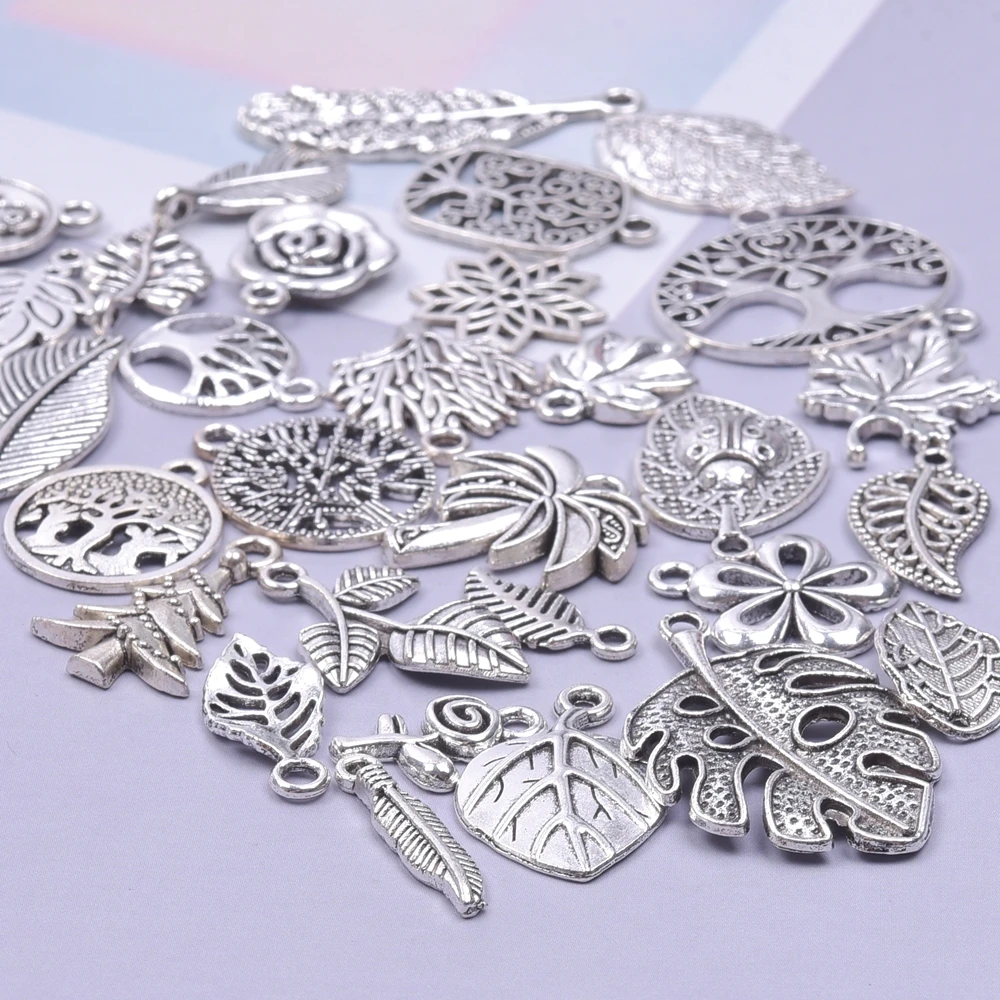 30/60pcs Tibetan Silver Mixed Pendant Leaf Charms Beads for Jewelry Making Bracelet DIY Earrings Necklace DIY Craft Art Charm