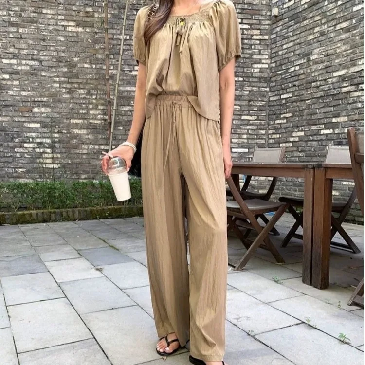 

Faionable ort Sve irt Top And Elastic Wide Leg Pants Two Piece Set Women's Trendy Summer Outfit High End Sensation