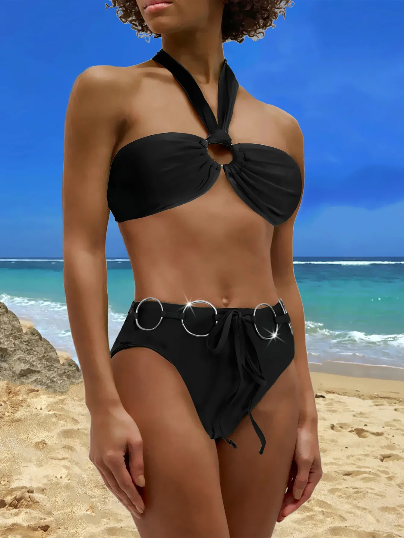 Maillot de bain noir 2 pièces pour femmes, sexy, taille haute, avec anneau, col licou, dos nu, tenue de plage, nouvelle collection 2025