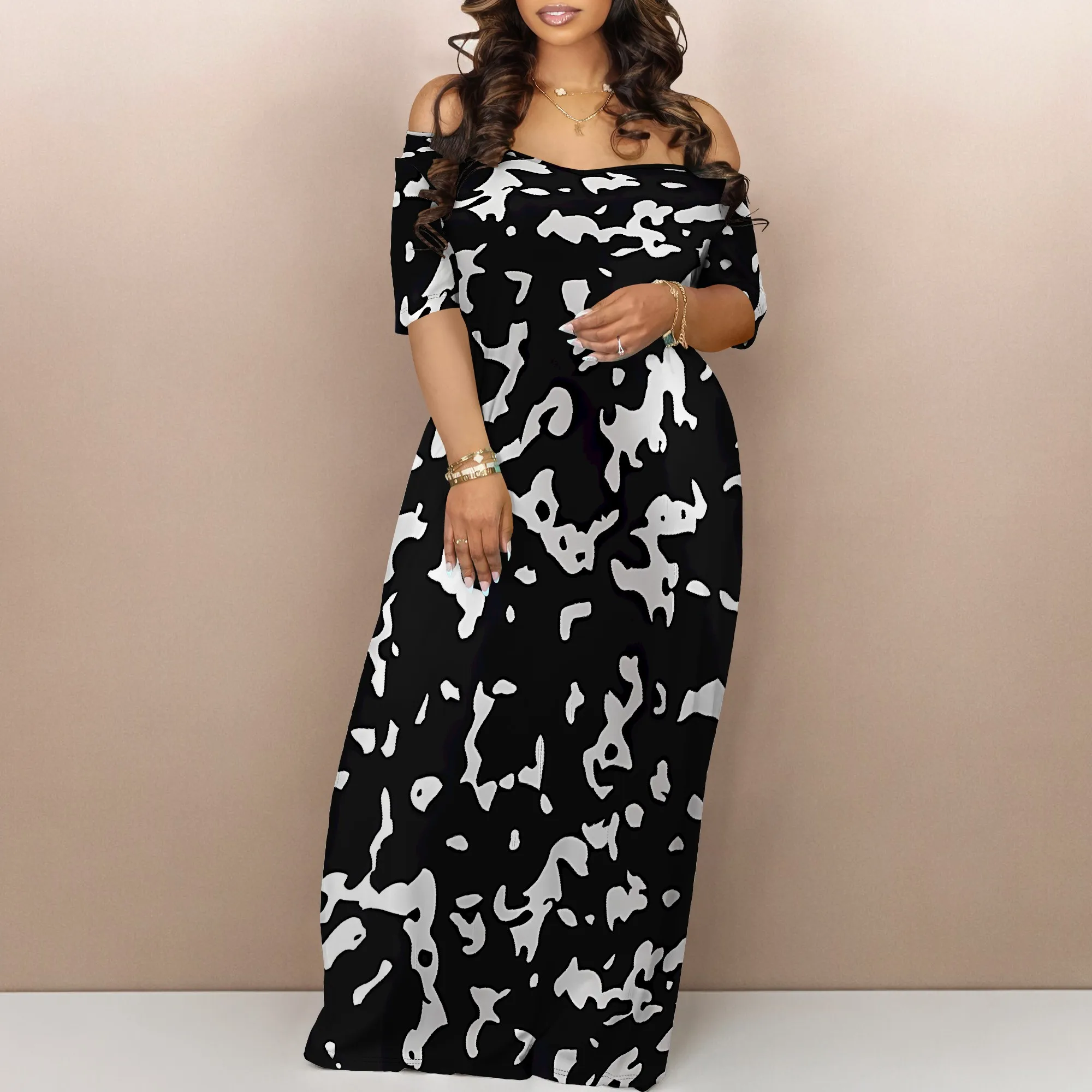 

Women Off Shoulder Short Sleeve Maxi Dress with Floral Print and Pockets for Summer