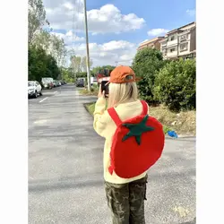 Backpack Tomato Shaped Fashion Sweet Street Style Korean Furry High-Capacity Backpack Unisex