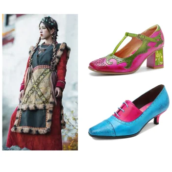 

Женская художественная кожаная обувь, модный стиль, включая Т-образный ремешок, цветной блок, каблук «котенок», уникальная повседневная обувь с ручной росписью