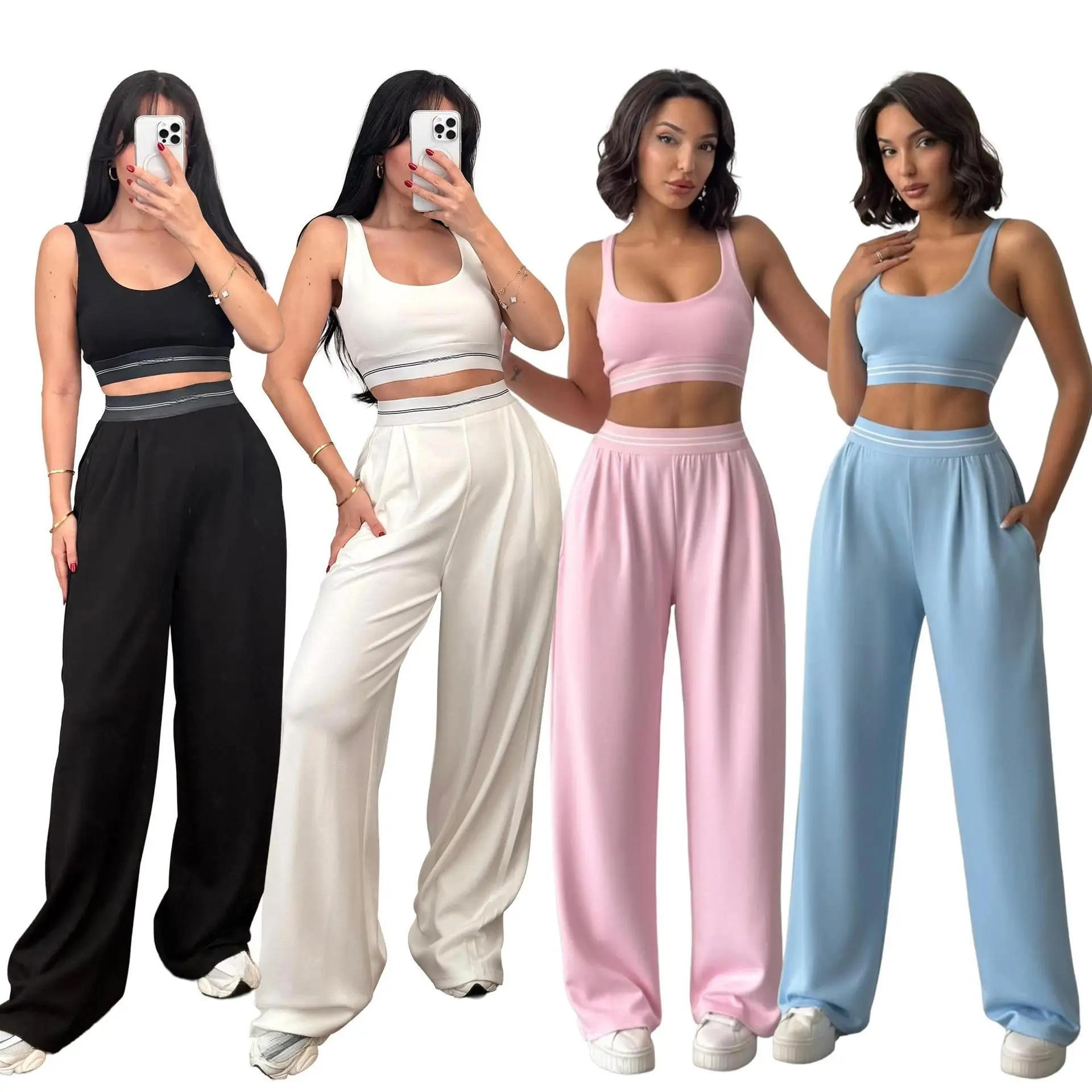 Q6378  Fashionable short sleeve vest (with chest pads) loose straight-leg wide-leg pants Leisure fitness yoga set