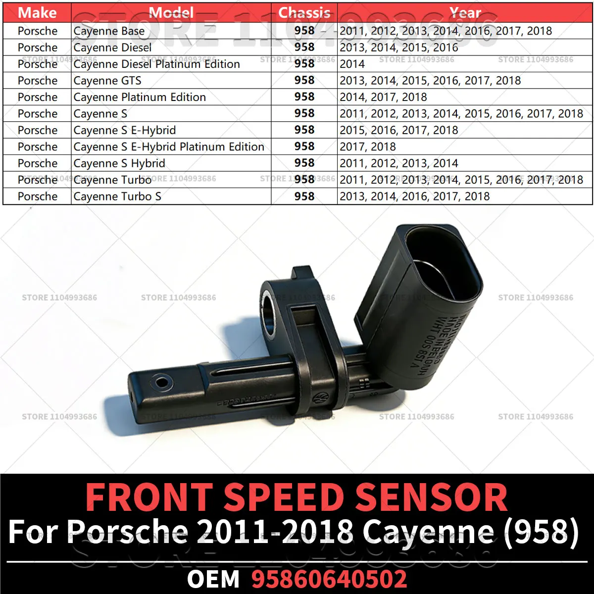For Porsche 2011 2012 2013 2014 2015 2016 2017 2018 Cayenne Base S Turbo (958) FRONT SPEED SENSOR OEM 95860640502 95860640501