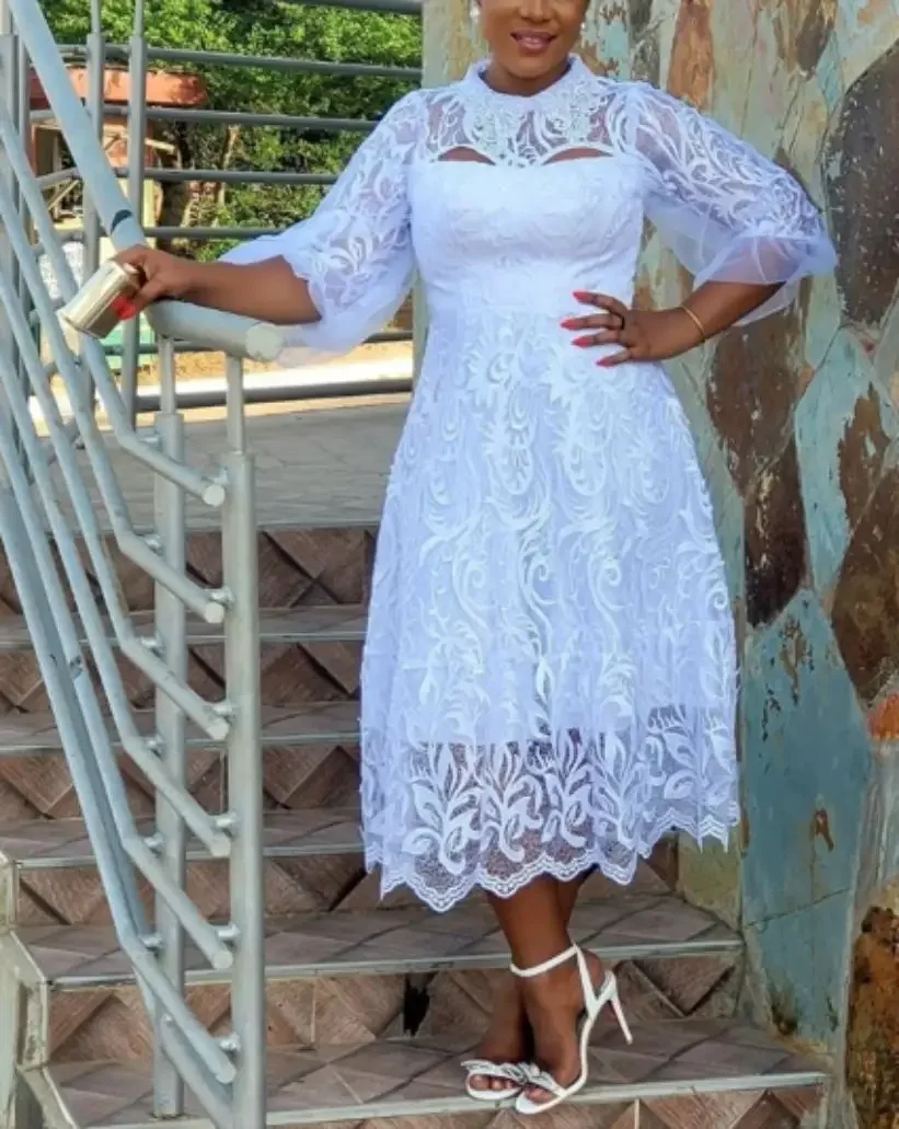 Dashiki Africa Clothing African Lace Dresses for Women Puff Sleeve Robes 2024 Summer Fashion White Sexy Hollow Africa Midi Dress