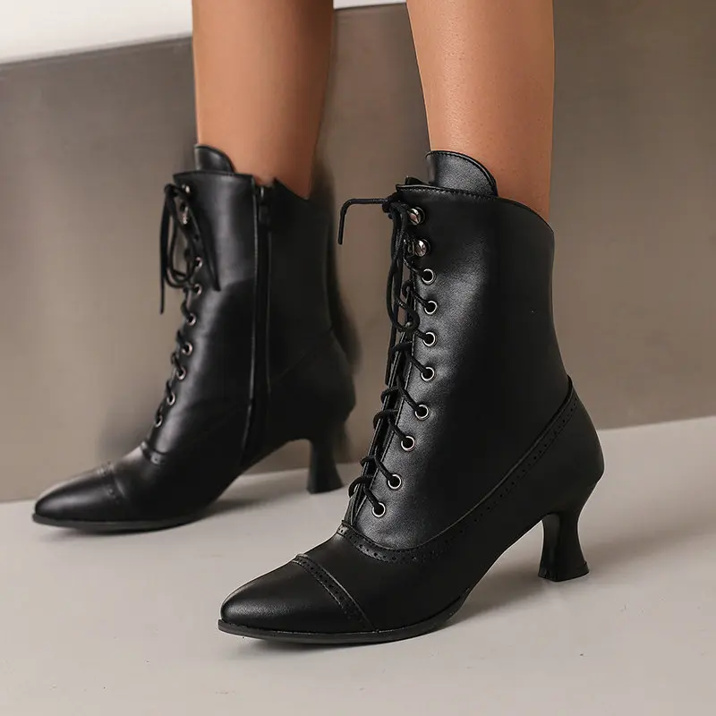 

Women Black Vintage Ankle Boots Kitten Heel Lace Up Victorian Pointed Toe Short Boots Plus Size 34-48 Brogue Style Combat Boots