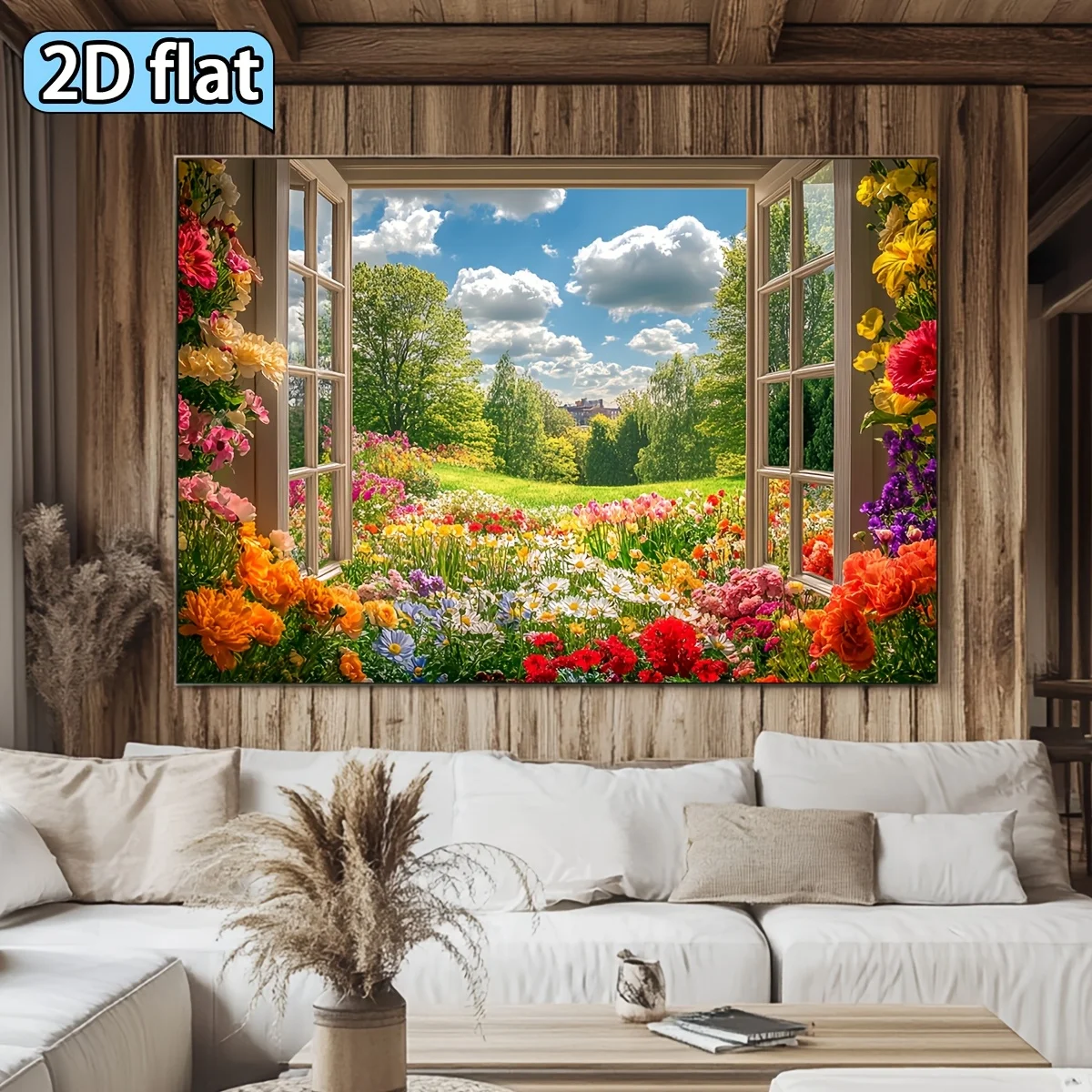 2D Flat, 1 Piece, Window Garden Background, High‑saturation Colors, Spring Decorations, Background Billboard, Hanging Tapestry With Strings, Easter Decorations, Suitable for Bedroom, Living Room, Home Party, Aesthetics, Extra‑large Size