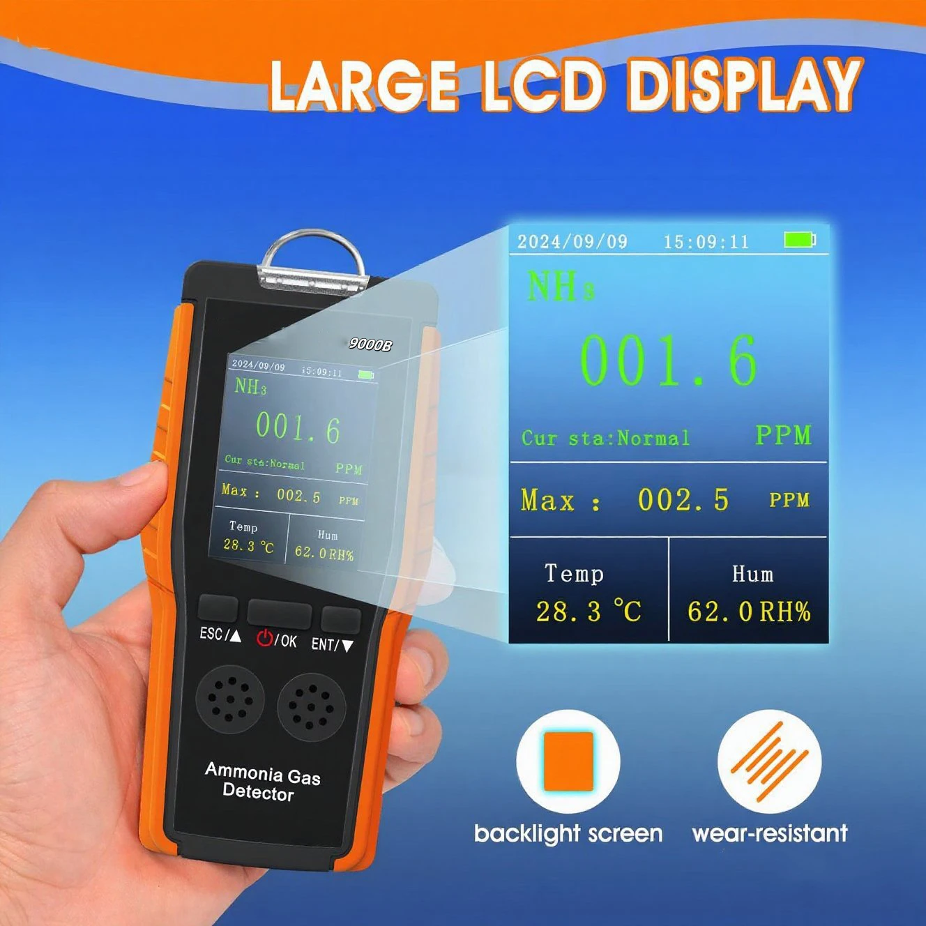 

Rechargeable ammonia detector, measuring range 0-100ppm temperature (℉/℃), humidity, used in industry, households, and farms
