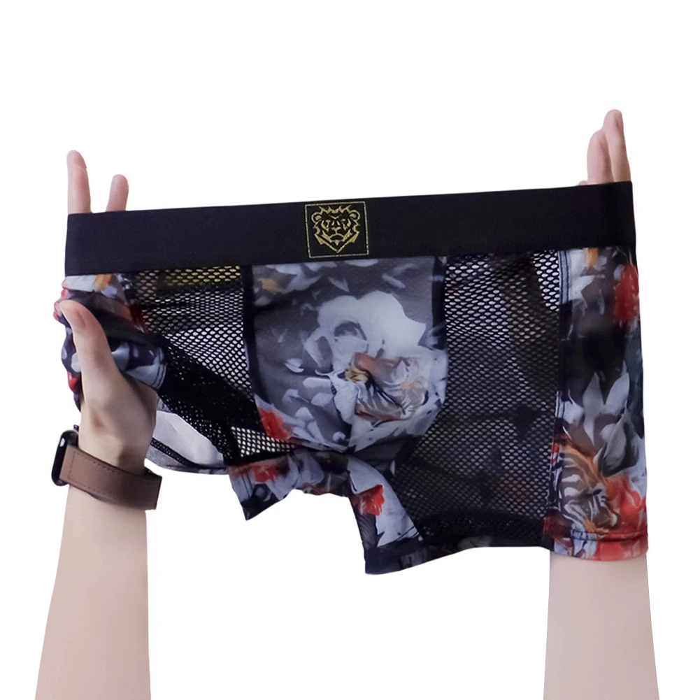 Men Retro Print Trunks Mesh Boxers Sexy Accessories Hot Underwear Breathable Calcinha High Elastic Lingerie Translucent Trunks