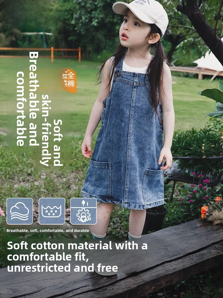 Outdoor Girls Denim Dress with Straps Summer New Style Children's Fashionable Workwear Cotton Fabric Medium Waist Length