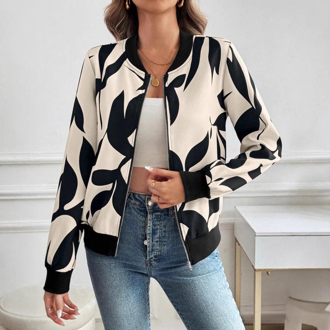 Women's Fashion Stand Collar Zip Up Abstract Plant Print Bomber Casual Slim Fit Versatile Commute Dating Vacation Outfit Jacket