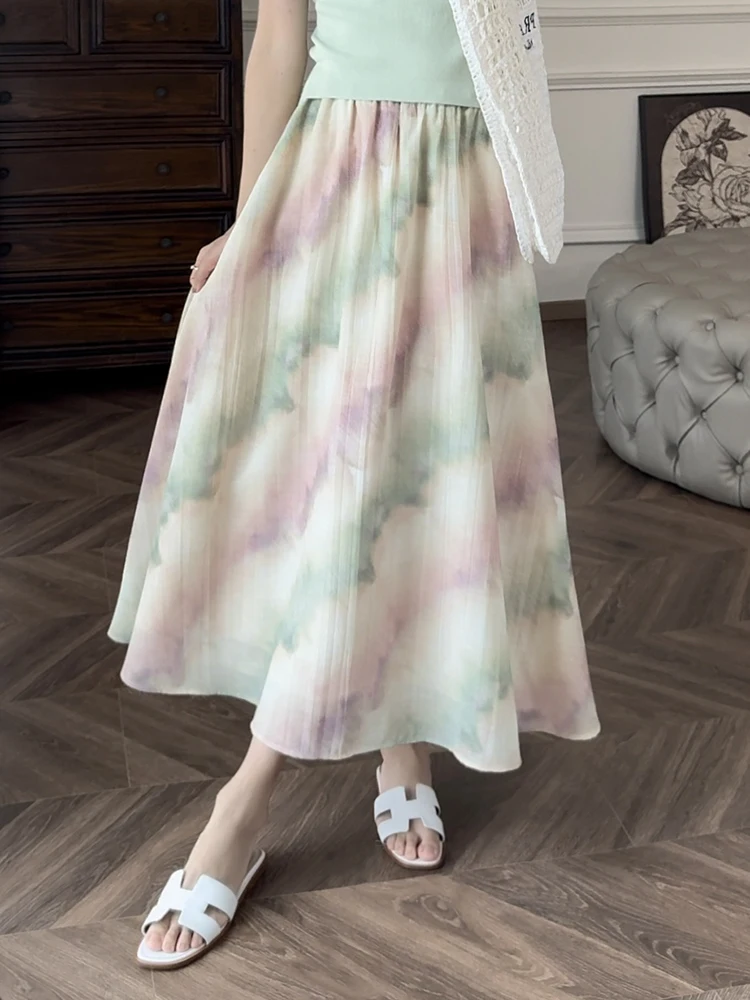 

Юбка-трапеция Zhang ei 25SS "Poetic Ink Stained" с эффектом размытия цвета, для повседневной носки, с завышенной талией, из смесового полиэстера