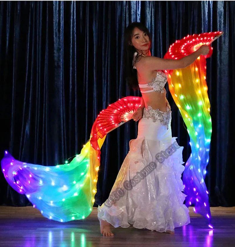 Rechargeable Belly Dance Fan Veils Silk Led Silk Fan Veil Yellow Red LED Light Show Prop Accessories Stage Performance