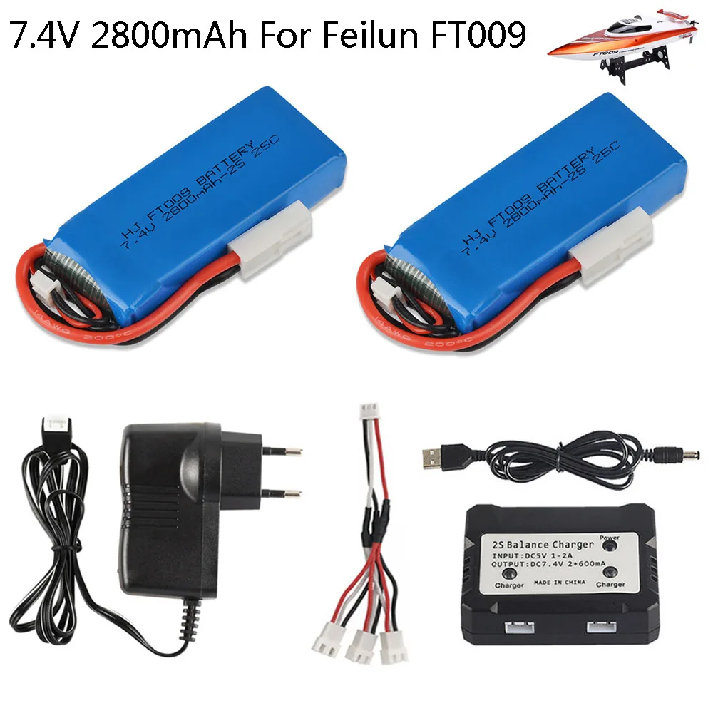 Set batteria Lipo e caricabatterie da 7,4 V 2800 mAh per Feilun FT009 Giocattoli telecomandati Barca Huangqi 959 948 Accessorio di ricambio Batteria