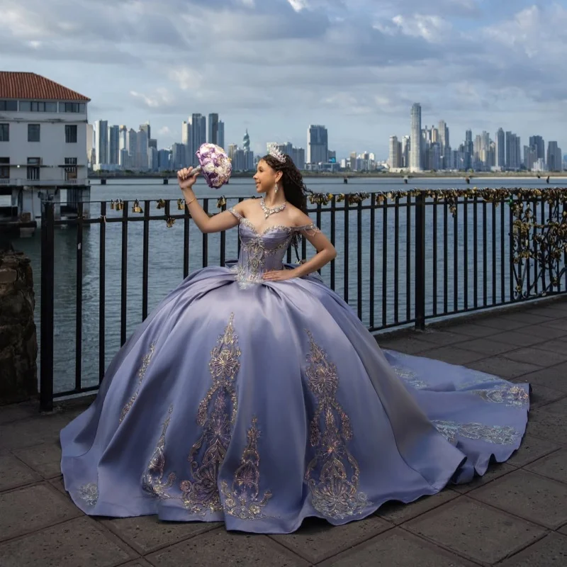 Satin Purple Quinceanera Dress Rose Gold Glitter Decal Long tail off-shoulder Layering Bow Vestidos De 15 Quinceanera ﻿Customize