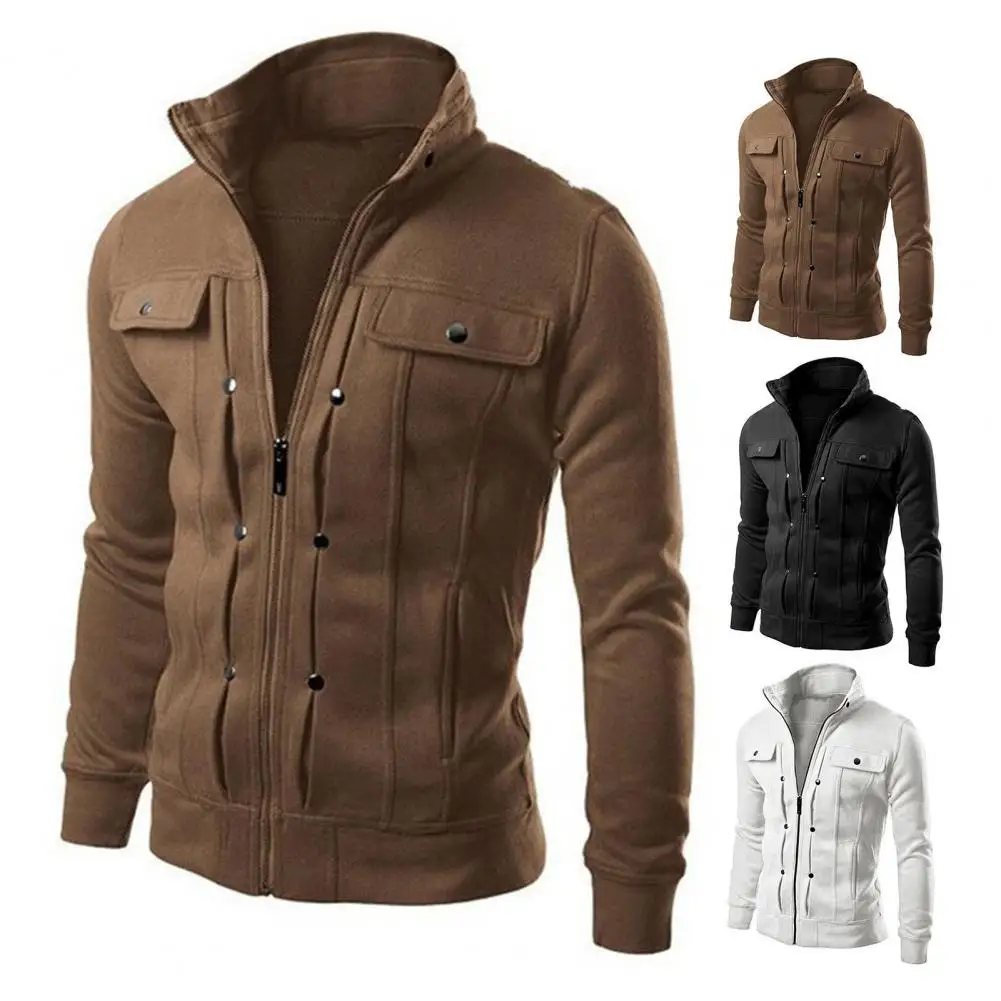 

Men Spring Autumn Jacket With Buttons Zipper Closure Stand Collar Men Coat Long Sleeve Casual Jacket Outerwear