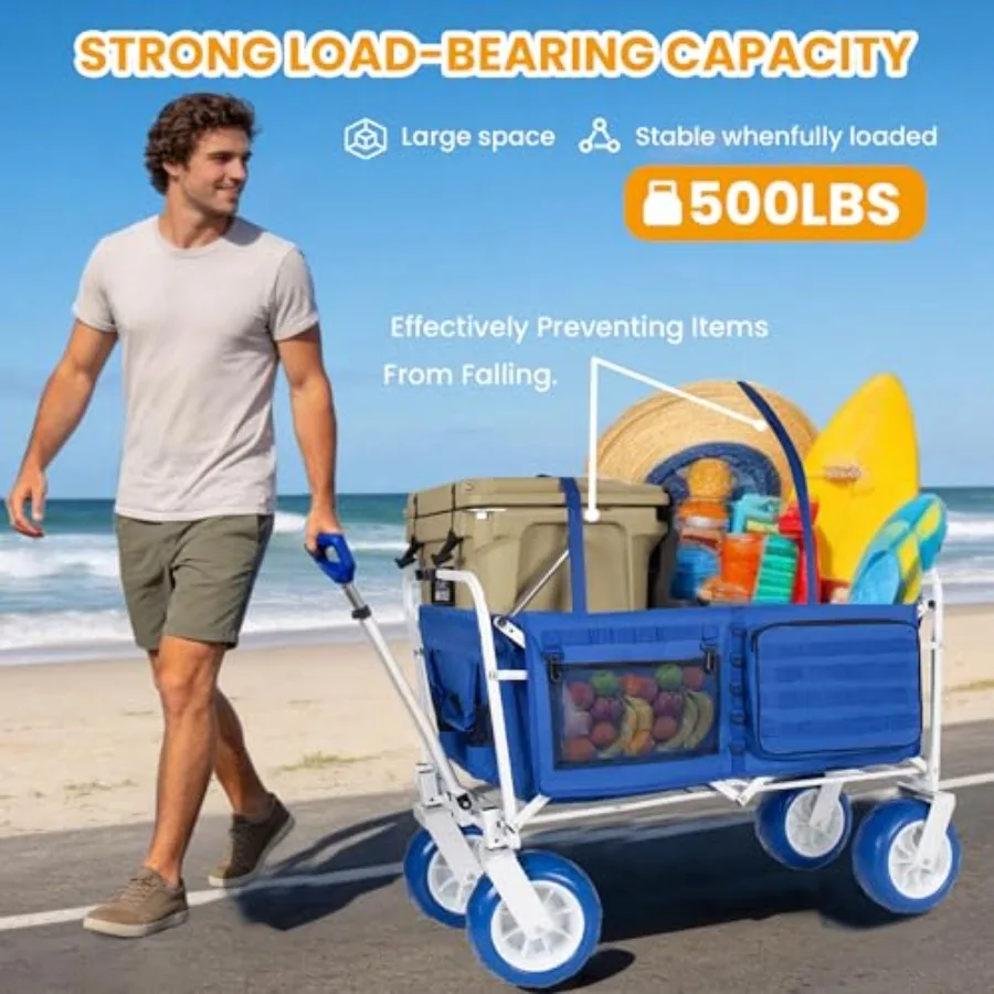 Fishing Cart - Collapsible Beach Wagon with Rod Holders Chair Racks, 9 All-Terrain Wheels for Sand, Adjustable Handle - 500lbs