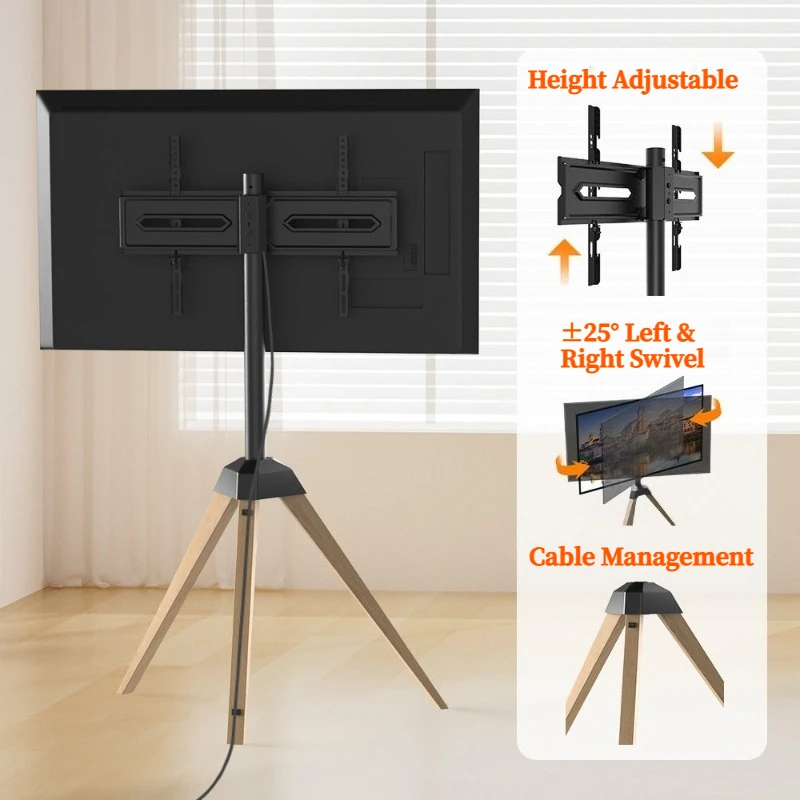 Tripod TV Floor Stand Height Adjustable TV Mount Bracket ±25° Swivel Cable Management for 32-65 Inch Flat Screen TV