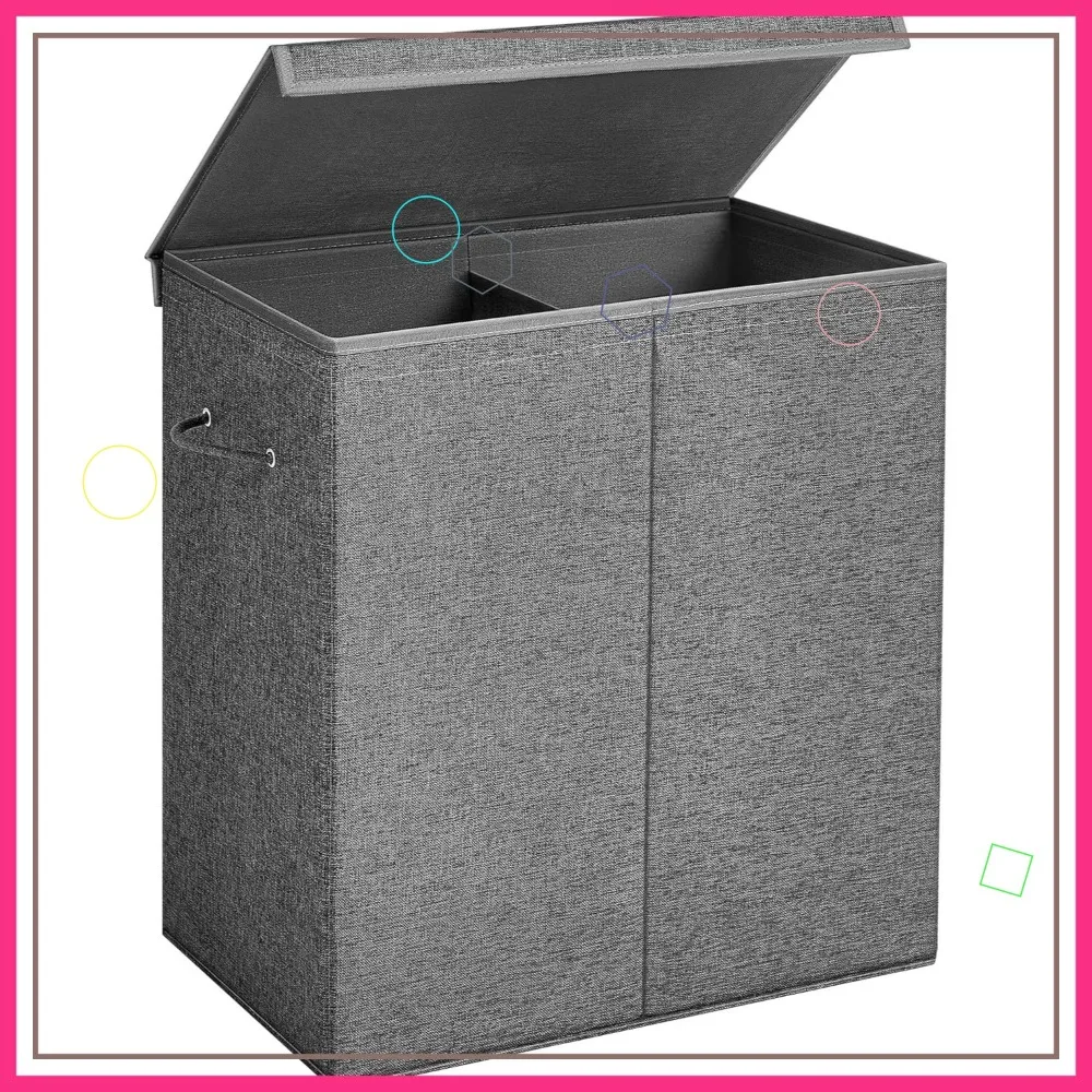 

37.5 Gal Foldable Laundry Basket with 2 Compartments, Magnetic Lid & Removable Liner Bag - Dark Gray