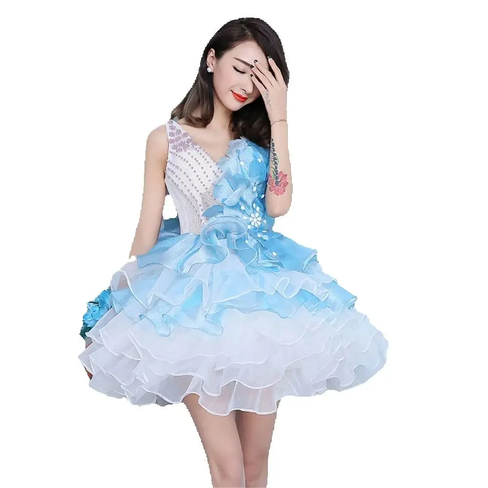 Elegant V Neck Blue Short Homecoming Dresses 2025 Organza Mini Cocktail Birthday Prom Party Graduation Gown Hoco Dress H319