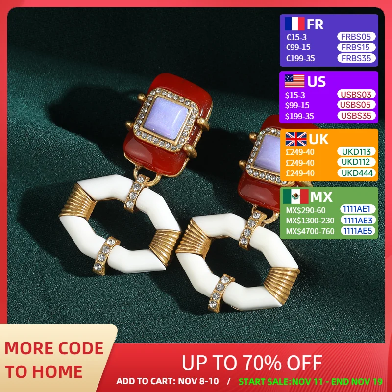 

Vintage Geometric White Red Purple Lips Dangle Earrings Antique Jewelry for Woman Square Rhinestones Accessories Gold Color New