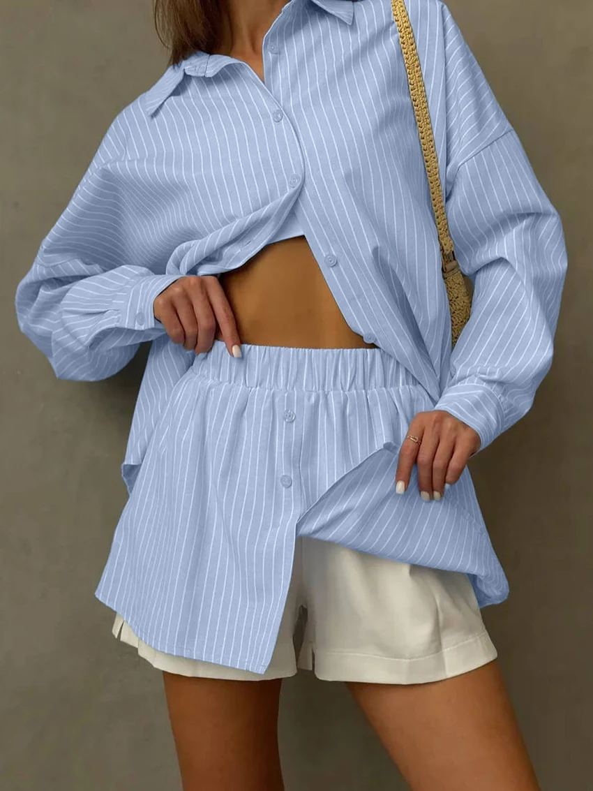 Marthaqiqi Striped Women Sleepwear Set Long Sleeve Nightgown Turn-Down Collar Nightwear Shorts Casual Ladies Pajama 2 Piece Suit