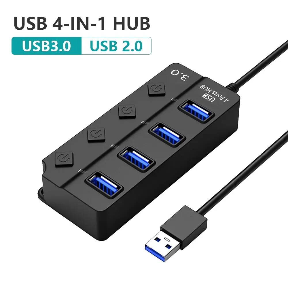 HUB USB 3.0 USB-Splitter 2.0 4-in-1-USB-Adapter Multi-Port Independent Power Switch Extender 30 cm Kabel