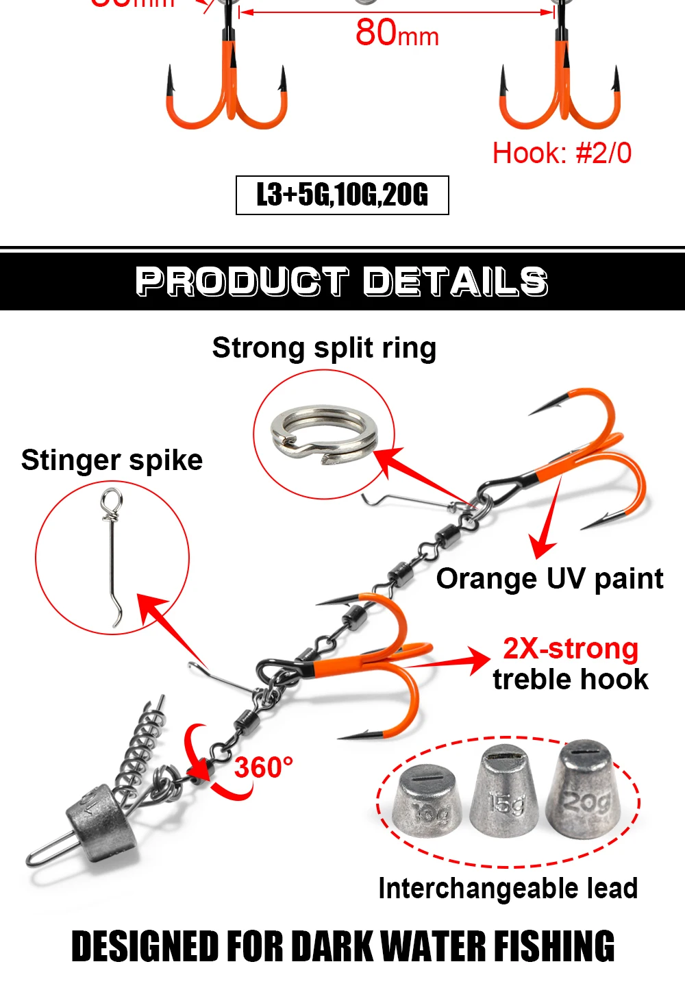 Spinpoler Multi-Depth Flame Stinger Rig UV-Haken mit einstellbarem Sinkergewicht für weichen Köder, Hechtangeln, Köderguss, Trolling, Pesca – Detail 5