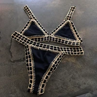 Hand Hook Bikini 2025 Bandeau Biquini Women Sexy Swimsuit Female Push Up Swimwear Solid Patchwork Bathing Suit Crochet Beachwear 2