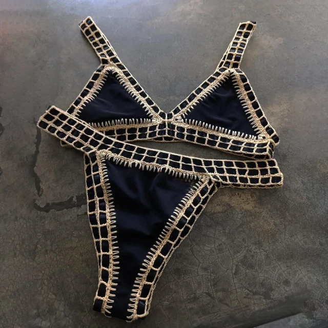Hand Hook Bikini 2025 Bandeau Biquini Women Sexy Swimsuit Female Push Up Swimwear Solid Patchwork Bathing Suit Crochet Beachwear 2