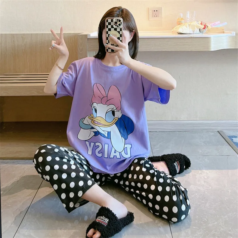 Disney Cartoon Daisy Polka Dots Print Women's Pajamas 2pcs Set Summer Short Sleeve Trousers Thin Cute Homewear Set Girl Pajamas