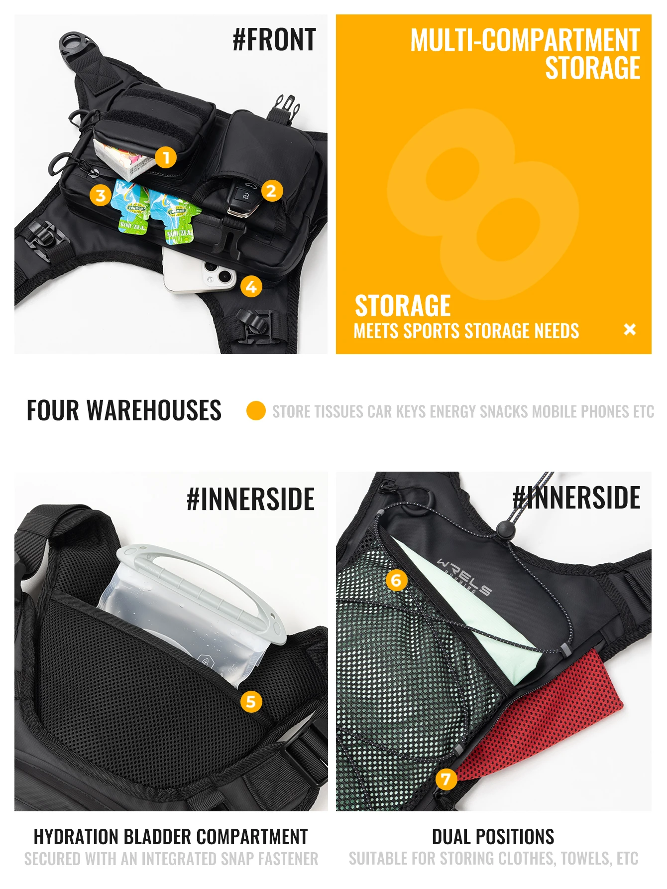 WRELS Hydration-Laufweste, Brusttasche, atmungsaktiv, wasserdicht, mit mehreren Fächern, Sporttasche für Wanderungen, Radtouren und Marathons. – Detail 5