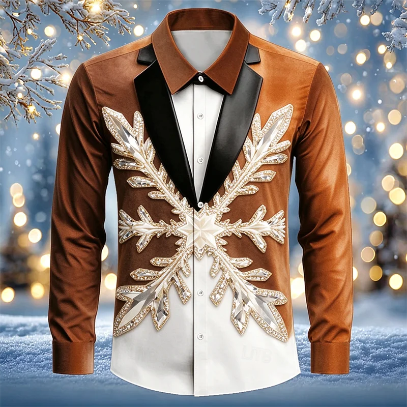 New men's Christmas snowflake long sleeved shirt with red and white patchwork rhinestone snowflake print holiday shirt