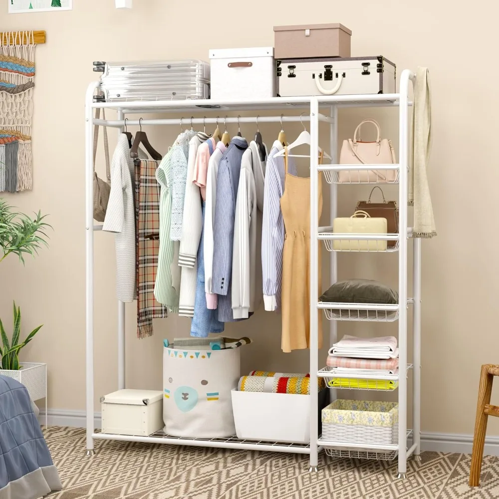 

Wardrobe Closet, Metal Portable Clothing Rack with Hanging Rod and 5 Baskets, Freestanding Clothing Rack with 2 Shelves