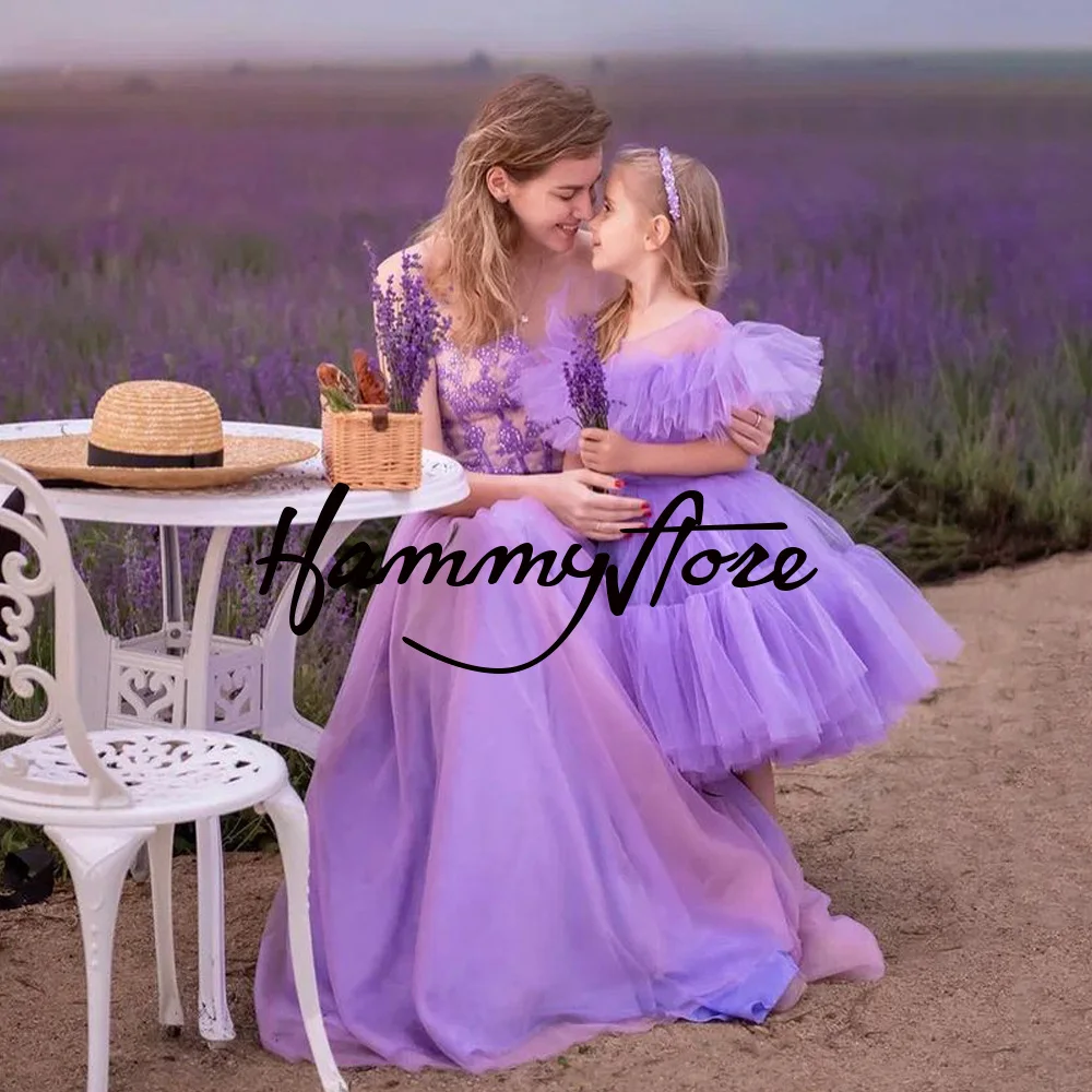 Kwiat lawendy sukienki dla dziewczynek O Neck Off The Shoulder Ruffles miękki tiul Puff Kids Party Dress na urodziny boże narodzenie suknia