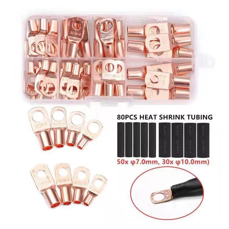 140PCS Ring Terminal Cable Shoes Lugs 35mm2 Tinned Copper Lug Wire eye Connectors Bare Terminals Lugs Wire Copper Kit