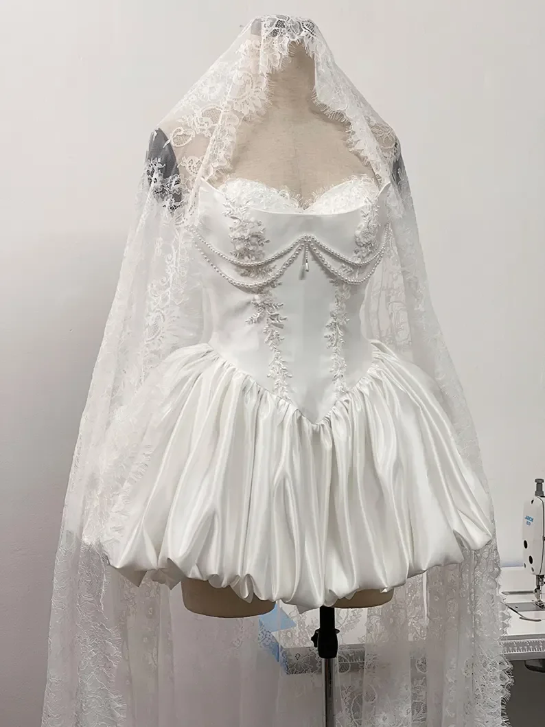 

Sexy Strapless Short Lace Applique Beaded Puffy Bubble Skirt Bridal Gown Elegant Corset Back Mini Wedding Dress Customized