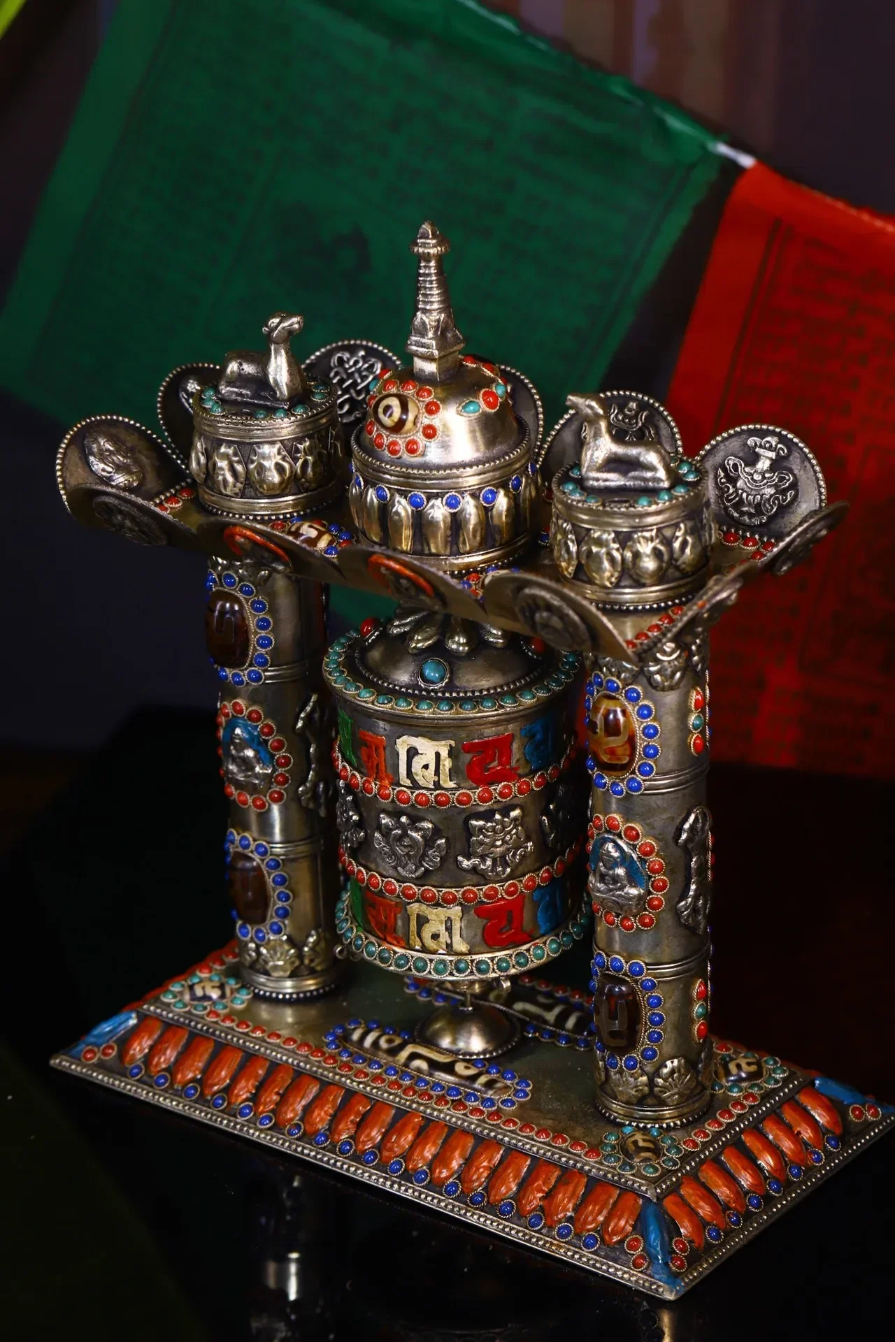 

11"Tibetan Temple Collection Old Bronze Gilded Mosaic Gem gZi Beads Watchdog Prayer Wheel Scripture pagoda stupa Worship Hall