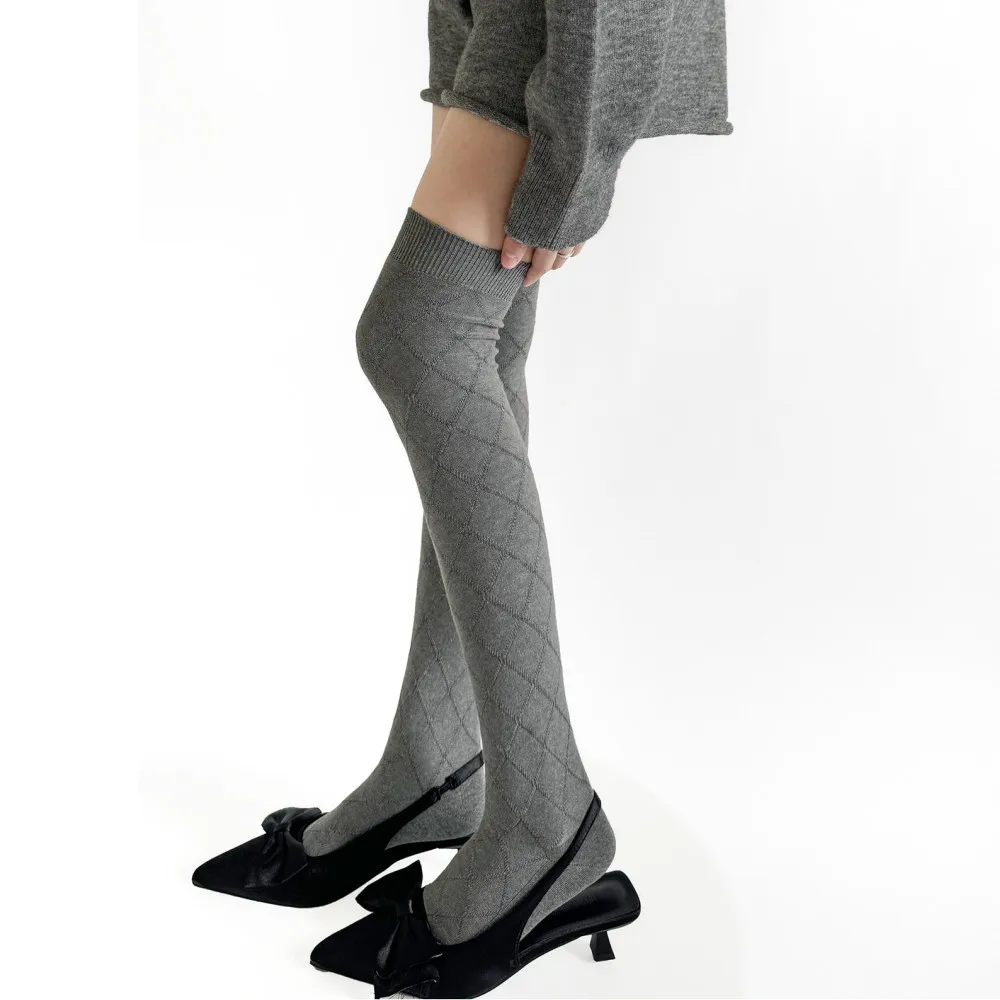 日本の女子高生風ストッキング、菱形ジャカード綿太もも丈ソックス、無地ニーハイソックス、太もも丈ストッキング