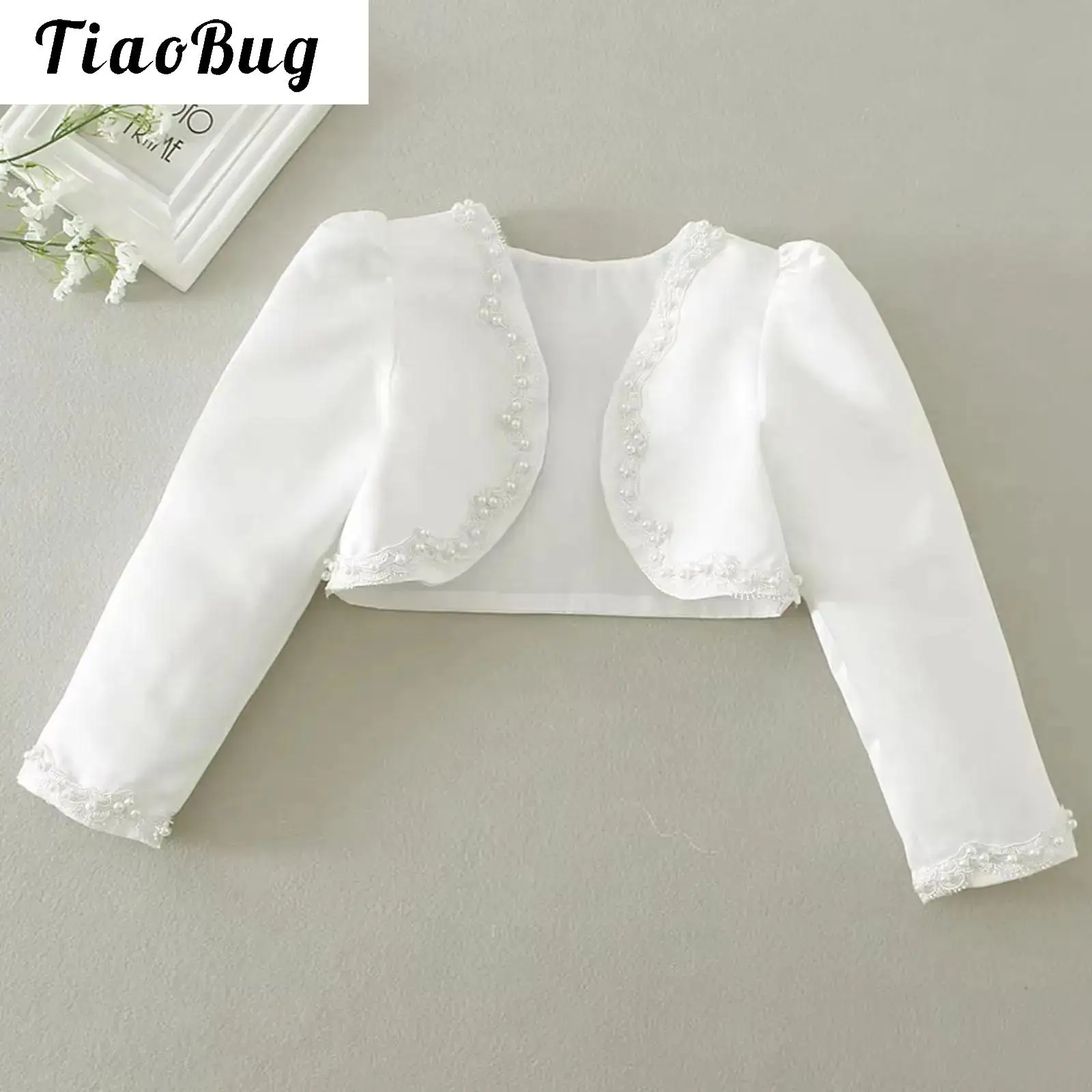 

Girls Bolero Shoulder Jacket Satin Beaded Elegant Long Sleeve White Jacket Shrug for Communion Dress Christening Dress Party New