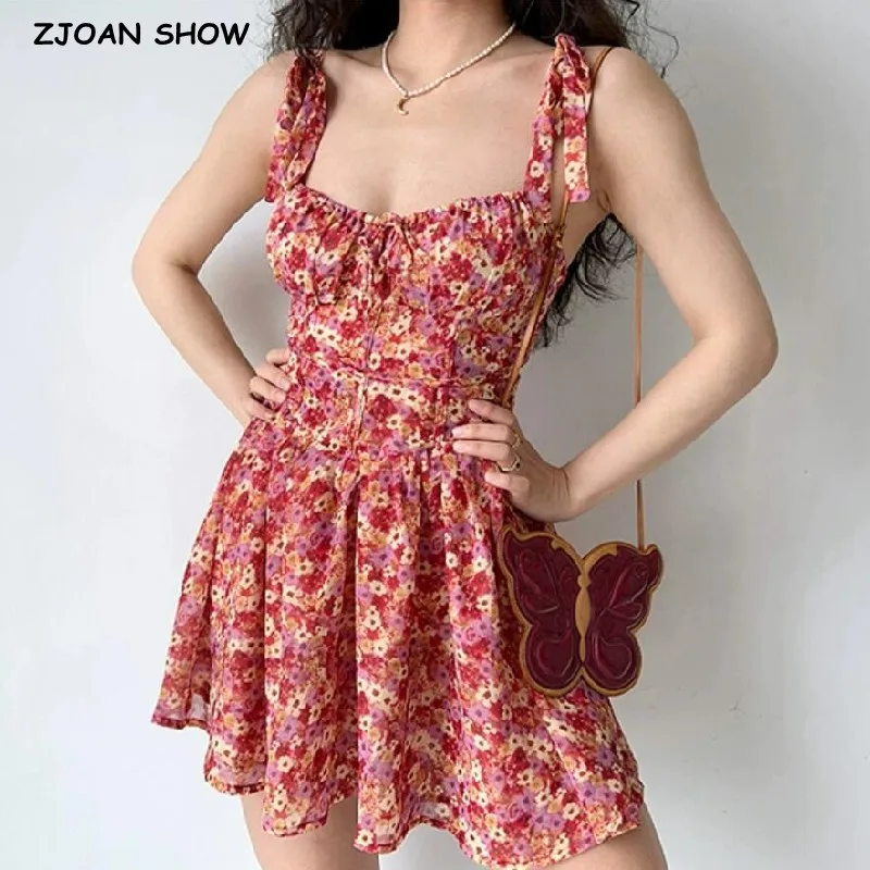 

2022 Sexy Flower Print Ruched Bra Corset style Spaghetti Strap Mini Dress Women Lacing up Party Skater Short Dresses Sling Robe