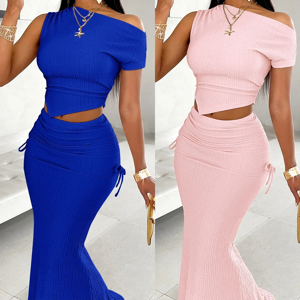 Two Piece Sets Womens Outifits Summer Solid Color One-shoulder Crop Top and Slim-fit Maxi Skirt Set Matching Outfits Y2K Clothes