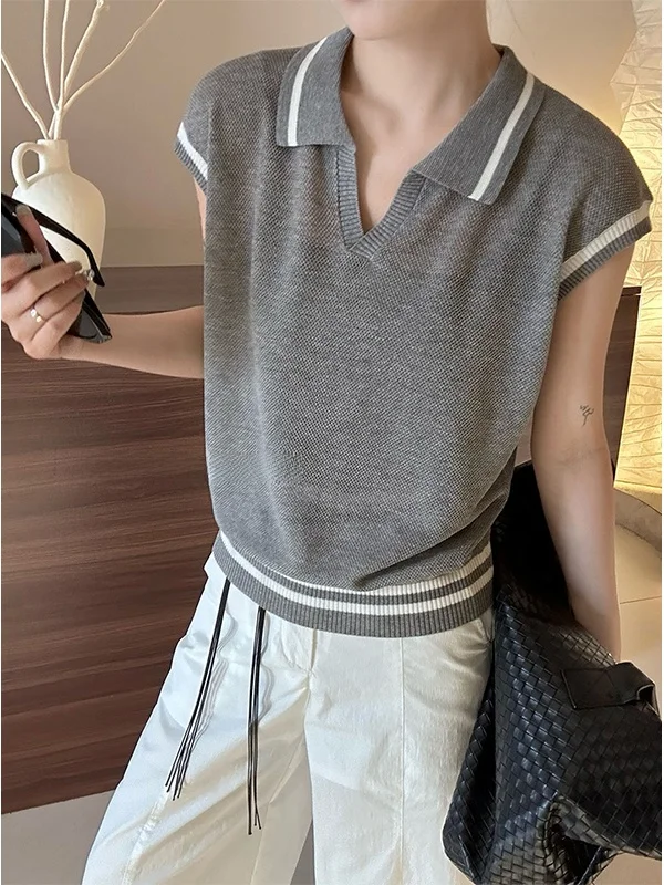 ay Knitted ort Sve irt Camiseta feminina slim fit com gola virada para baixo Design de verão Sense Commute Sle coreano...