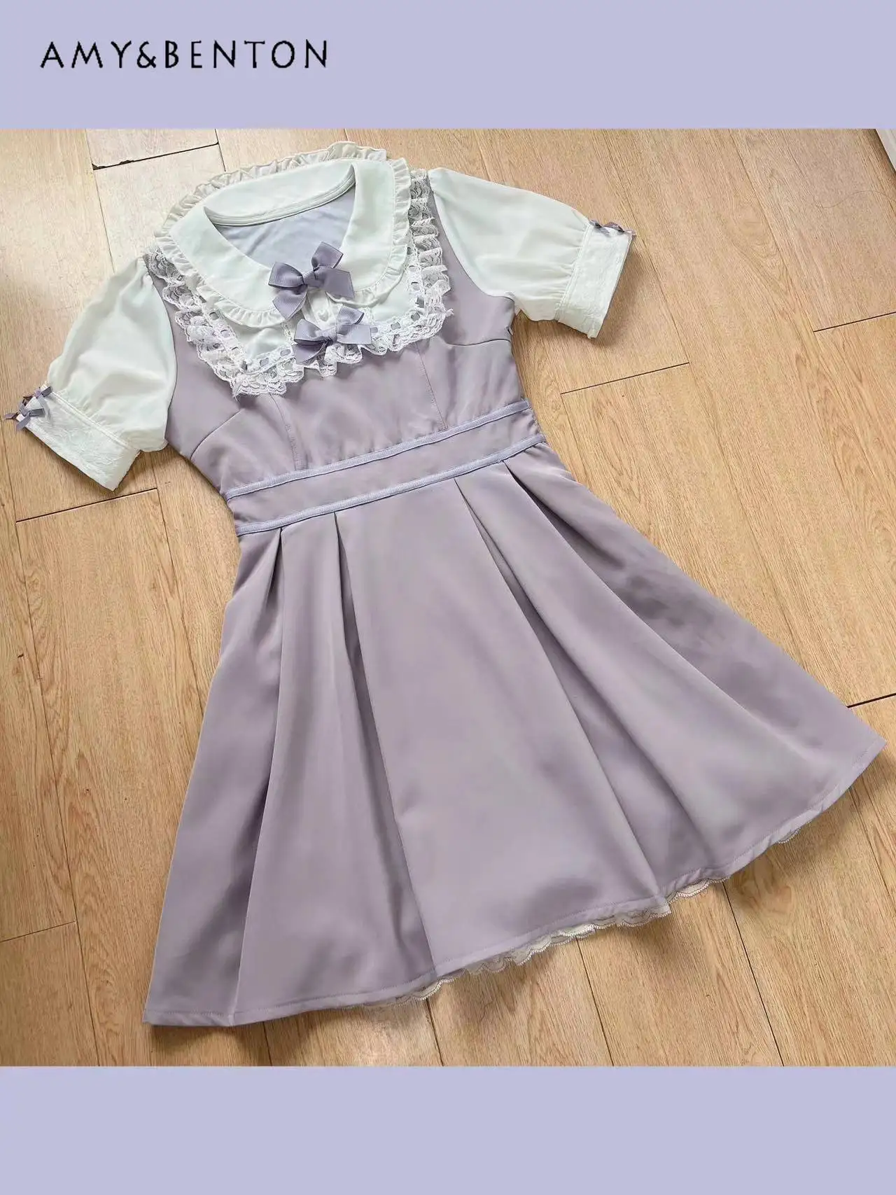 

Japanese Sweet Lolita Dresses Cute Bow Ruffled Peter Pan Collar Short Sleeve Mini Dress High Waist Slim Elegant Princess Dresses